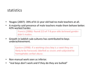 statistics 
• Yougov (2007)- 39% of 8-11 year old had no male teachers at all. 
• A majority said presence of male teachers made them behave better. 
42% worked harder. 
• Growth in laddish sub-cultures has contributed to boys 
underachievement. 
• Non-manual work seen as inferior. 
• “real boys don’t work and if they do they are bullied” 
 