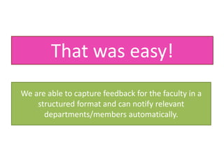 That was easy!
We are able to capture feedback for the faculty in a
    structured format and can notify relevant
      departments/members automatically.
 