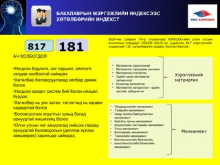 АЧ ХОЛБОГДОЛ
•Нэгдсэн бодлого, нэг нэршил, ойлголт,
уялдаа холбоотой сайжрах
•Хөтөлбөр боловсруулахад хялбар дөхөм
болох
•Нэгдсэн кредит систем бий болох нөхцөл
бүрдэх;
•Хөтөлбөр нь уян хатан, төгсөгчид нь хөрвөх
чадвартай болох
•Боловсролын агуулгын хувьд бусад
орнуудтай жишихүйц болох
•Олон улсын чиг хандлагад нийцэж гадаад
орнуудтай боловсролын (диплом хүлээн
зөвшөөрөх) харилцаа сайжрах;
БАКАЛАВРЫН МЭРГЭЖЛИЙН ИНДЕКСЭЭС
ХӨТӨЛБӨРИЙН ИНДЕКСТ
817 181
БШУ-ны сайдын 78-р тушаалаар ЮНЕСКО-ийн олон улсын
ангиллын стандарт /ISCED 2013/-ыг ндэслэн 817 мэргэжлийнү
индексийг 181 х т лб рийн индекс болгон батлав.ө ө ө
• Математик хэрэглээний
• Математик, программ хангамж
• Математик-статистик
• Эдийн засаг-математик
загварчлал
• Инженер математик
• Математик загварчлал - эдийн
засгийн кибернетик
• Үйлдвэрлэлийн менежмент
• Тээврийн менежмент
• газар зохион байгуулалтын
менежмент
• байгаль орчны менежмент
• мэдээллийн системийн менежмент
• Усны менежмент
• Бэлчээрийн менежмент
• Тэжээлийн менежмент
• биотехнологийн бизнесийн,
• нанотехнологийн бизнесийн
менежмент
Хэрэглээний
математик
Менежмент
 