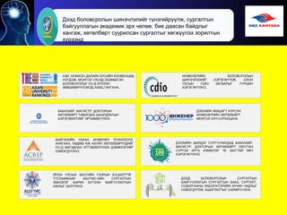 ДЭЛХИЙН ЖИШИГТ ХҮРСЭН
ИНЖЕНЕРИЙН ХӨТӨЛБӨРТ
МОНГОЛ ХҮН СУРАЛЦАНА
БАКАЛАВР, МАГИСТР, ДОКТОРЫН
ХӨТӨЛБӨРТ ТАВИГДАХ ШААРДЛАГЫН
ХЭРЭГЖИЛТИЙГ ЭРЧИМЖҮҮЛНЭ.
БАЙГАЛИЙН УХААН, ИНЖЕНЕР ТЕХНОЛОГИ,
АНАГААХ, ХӨДӨӨ АЖ АХУЙН ХӨТӨЛБӨРҮҮДИЙГ
ОУ-Д МАГАДЛАН ИТГЭМЖЛҮҮЛЭХ ДЭМЖЛЭГИЙГ
НЭМЭГДҮҮЛНЭ.
ДЭЛХИЙН ШИЛДЭГ СУРГУУЛИУДАД БАКАЛАВР,
МАГИСТР, ДОКТОРЫН ХӨТӨЛБӨРТ ОЮУТАН
СУРГАХ АРГА ХЭМЖЭЭГ ҮЕ ШАТТАЙ АВЧ
ХЭРЭГЖҮҮЛНЭ.
ЯПОН УЛСЫН ЗАСГИЙН ГАЗРЫН БУЦАЛТГҮЙ
ТУСЛАМЖААР АШУҮИС-ИЙН СУРГАЛТЫН
ЭМНЭЛЭГ БАРИХ БҮТЭЭН БАЙГУУЛАЛТЫН
АЖЛЫГ ЭХЛҮҮЛНЭ.
ДЭЭД БОЛОВСРОЛЫН СУРГАЛТЫН
БАЙГУУЛЛАГЫН СУРГАЛТЫН БААЗ, СУРГАЛТ,
СУДАЛГААНЫ ЛАБОРАТОРИЙН ХҮЧИН ЧАДЛЫГ
НЭМЭГДҮҮЛЖ, АШИГЛАЛТЫГ САЙЖРУУЛНА.
Дээд боловсролын шинэчлэлийг гүнзгийрүүлж, сургалтын
байгууллагын академик эрх чөлөө, бие даасан байдлыг
хангаж, хөтөлбөрт суурилсан сургалтыг хөгжүүлэх зорилтын
хүрээнд
АЗИ, НОМХОН ДАЛАЙН БҮСИЙН КОНВЕНЦИД
НЭГДЭЖ, МОНГОЛ УЛСАД ЭЗЭМШСЭН
БОЛОВСРОЛЫГ ОУ-Д ХҮЛЭЭН
ЗӨВШӨӨРҮҮЛЭХЭД АХИЦ ГАРГАНА.
ИНЖЕНЕРИЙН БОЛОВСРОЛЫН
ШИНЭЧЛЭЛИЙГ ХЭРЭГЖҮҮЛЖ, ОЛОН
УЛСЫН CDIO ЗАГВАРЫГ ТУРШИН
ХЭРЭГЖҮҮЛНЭ.
 
