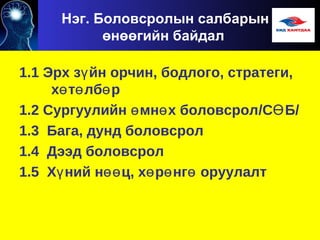 Нэг. Боловсролын салбарын
өнөөгийн байдал
1.1 Эрх з йн орчин, бодлого, стратеги,ү
х т лб рө ө ө
1.2 Сургуулийн мн х боловсролө ө /С БӨ /
1.3 Бага, дунд боловсрол
1.4 Дээд боловсрол
1.5 Х ний н ц, х р нг оруулалтү өө ө ө ө
 