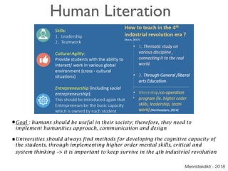 Human Literation
•Goal : humans should be useful in their society; therefore, they need to
implement humanities approach, communication and design
•Universities should always find methods for developing the cognitive capacity of
the students, through implementing higher order mental skills, critical and
system thinking -> it is important to keep survive in the 4th industrial revolution
Menristekdikti - 2018
 