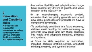 2
Innovation
and Creativity
skills
A focus on skills
required for
innovation, including
complex problem-
solving, analytical
thinking, creativity
and systems analysis
 Innovation, flexibility and adaptation to change
have become key drivers of growth and value
creation in the Industry 4.0.
 In an ever-changing economic context,
countries that can quickly generate and adopt
new ideas, processes and products will have a
competitive advantage.
 To productively contribute to a future economy,
children must develop the skills necessary to
generate new ideas and turn those concepts
into viable and adoptable solutions, products
and systems.
 A focus on skills required for innovation,
including complex problem-solving, analytical
thinking, creativity and systems analysis
 