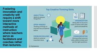 Fostering
innovation and
creativity will
require a shift
toward more
interactive
methods of
instruction
where teachers
serve as
facilitators and
coaches rather
than lecturers.
 