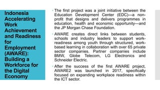 Indonesia
Accelerating
Work
Achievement
and Readiness
for
Employment
(AWARE):
Building a
Workforce for
the Digital
Economy
 The first project was a joint initiative between the
Education Development Center (EDC)—a non-
profit that designs and delivers programmes in
education, health and economic opportunity—and
the JP Morgan Chase Foundation.
 AWARE creates direct links between students,
schools and industry leaders to support work-
readiness among youth through structured, work-
based learning in collaboration with over 65 private
sector companies. Partner companies include
BMW, Globe Telecom, LG Electronics and
Schneider Electric.
 After the success of the first AWARE project,
AWARE2 was launched in 2017, specifically
focused on expanding workplace readiness within
the ICT sector.
 