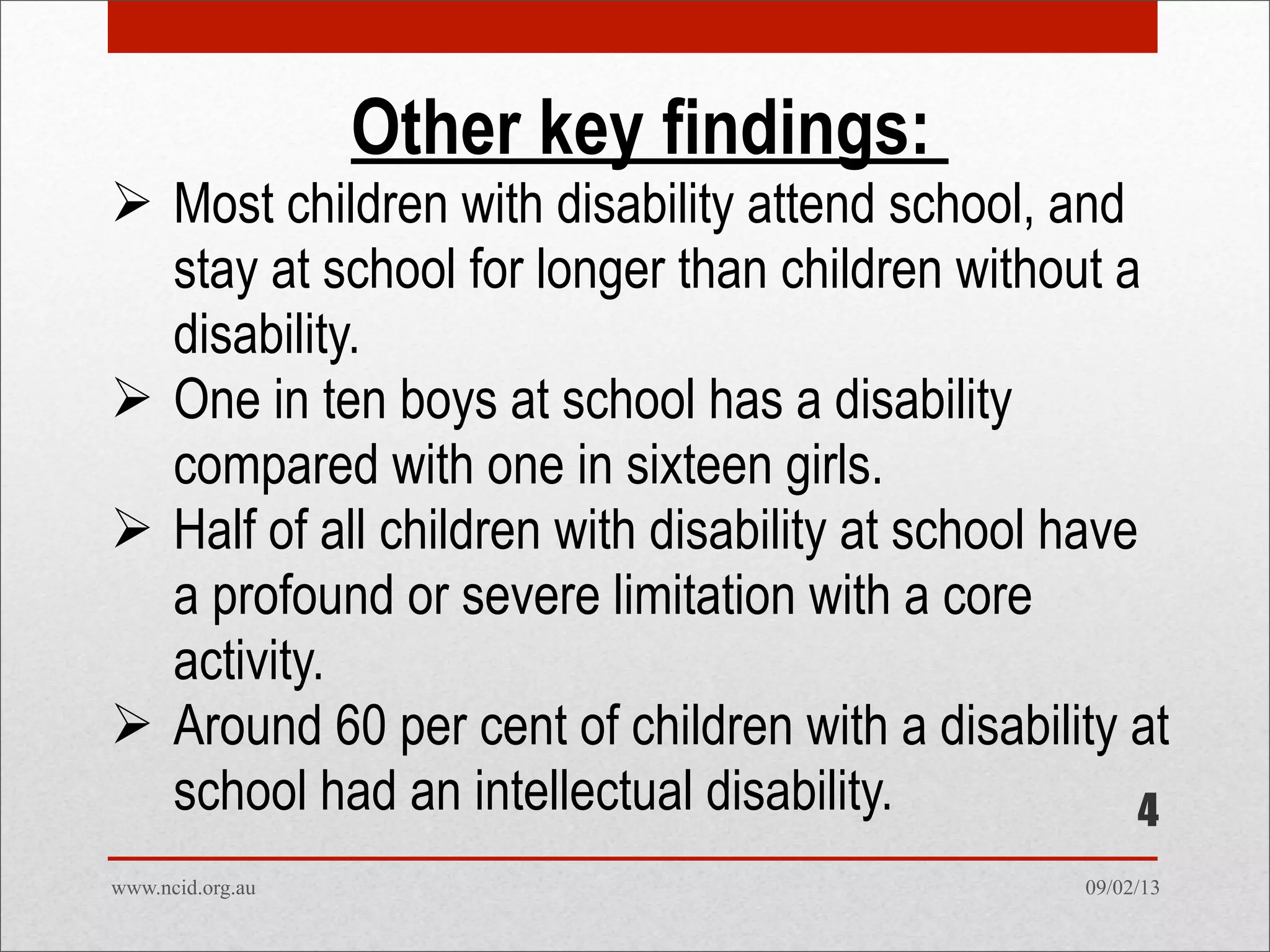09/02/13www.ncid.org.au
Other key findings:
 Most children with disability attend school, and
stay at school for longer than children without a
disability.
 One in ten boys at school has a disability
compared with one in sixteen girls.
 Half of all children with disability at school have
a profound or severe limitation with a core
activity.
 Around 60 per cent of children with a disability at
school had an intellectual disability. 4
 