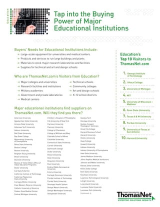 Education


                                                         Tap into the Buying
                                                         Power of Major
                                                         Educational Institutions

            Buyers’ Needs for Educational Institutions Include:
                    Large–scale equipment for universities and medical centers                                                Education’s
                    Products and services to run large buildings and plants                                                   Top 10 Visitors to
                    Materials to stock major research laboratories and facilities                                             ThomasNet.com
                    Supplies for technical and art and design schools

                                                                                                                               1. Georgia Institute
            Who are ThomasNet.com’s Visitors from Education?                                                                       of Technology

                    Major colleges and universities                                Technical schools                           2. Ithaca College
                    Research facilities and institutions                           Community colleges
                    Military academies                                             Art and design schools
                                                                                                                               3. University of Michigan
                    Government and private laboratories                            K-12 school districts                       4. MIT
                    Medical centers
                                                                                                                               5. University of Wisconsin –
                                                                                                                                  Madison
            Major educational institutions find suppliers on                                                                   6. Penn State University
            ThomasNet.com. Will they find you there?
            American University                  Children’s Hospital of Philadelphia     Georgia Tech
                                                                                                                               7. Texas A & M University
            Appalachian State University         City University of New York             Gonzaga University
            Arizona State University             Clarkson University                     Gordon-Conwell                        8. Purdue University
                                                                                         Theological Seminary
            Arkansas Tech University             Clemson University
            Auburn University                    College of Charleston
                                                                                         Grove City College                    9. University of Texas at
                                                                                         Harvard Business School                  San Antonio
            Ball State University                College of William and Mary
                                                                                         Harvard University
                                                                                                                              10. Harvard University
            Bay State College                    Colorado School of Mines
                                                                                         Hofstra University
            Bloomsburg University                Columbia University
            of Pennsylvania                                                              Hope College
                                                 Connecticut State University
            Boise State University                                                       Howard University
                                                 Cornell University
            Boston College                                                               Indiana University
                                                 Dartmouth College
            Boston University                                                            Indiana University of Pennsylvania
                                                 Drake University
            Brigham Young University                                                     Iowa State University
                                                 Drexel University
            Brown University                                                             James Madison University
                                                 Duke University
            Bucknell University                                                          Johns Hopkins Medical Institutions
                                                 Duquesne University
            Bureau of Indian Affairs Office of                                           Johnson and Wales University
            Indian Education Programs            Elon University
                                                                                         Kansas State University
            Butler University                    Embry-Riddle Aeronautical
                                                 University                              Keene State College
            Cal State Fullerton                                                          Kent State University
                                                 Emory University
            California Institute of Technology                                           Kutztown University
                                                 Fairleigh Dickinson University
            California Polytechnic                                                       Lawrence Technological University
            State University                     Florida Institute of Technology
                                                 Florida State University                Lehigh University
            Carnegie Mellon University
                                                 Geisinger Health System                 Long Island University
            Case Western Reserve University
                                                 George Mason University                 Louisiana State University
            Catholic University of America
                                                 George Washington University            Louisiana Tech University
            Cedars-Sinai Medical Center
                                                 Georgetown University                   Continued >
            Central Michigan University
 