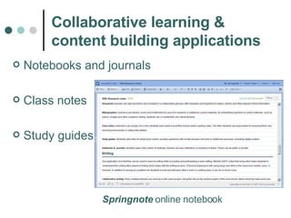 Collaborative learning & content building applications Notebooks and journals Class notes Study guides Springnote  online notebook 