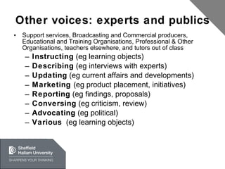 Other voices: experts and publics Support services, Broadcasting and Commercial producers, Educational and Training Organisations, Professional & Other Organisations, teachers elsewhere, and tutors out of class Instructing  (eg learning objects) Describing  (eg interviews with experts) Updating  (eg current affairs and developments) Marketing  (eg product placement, initiatives) Reporting  (eg findings, proposals) Conversing  (eg criticism, review) Advocating  (eg political) Various   (eg learning objects) 