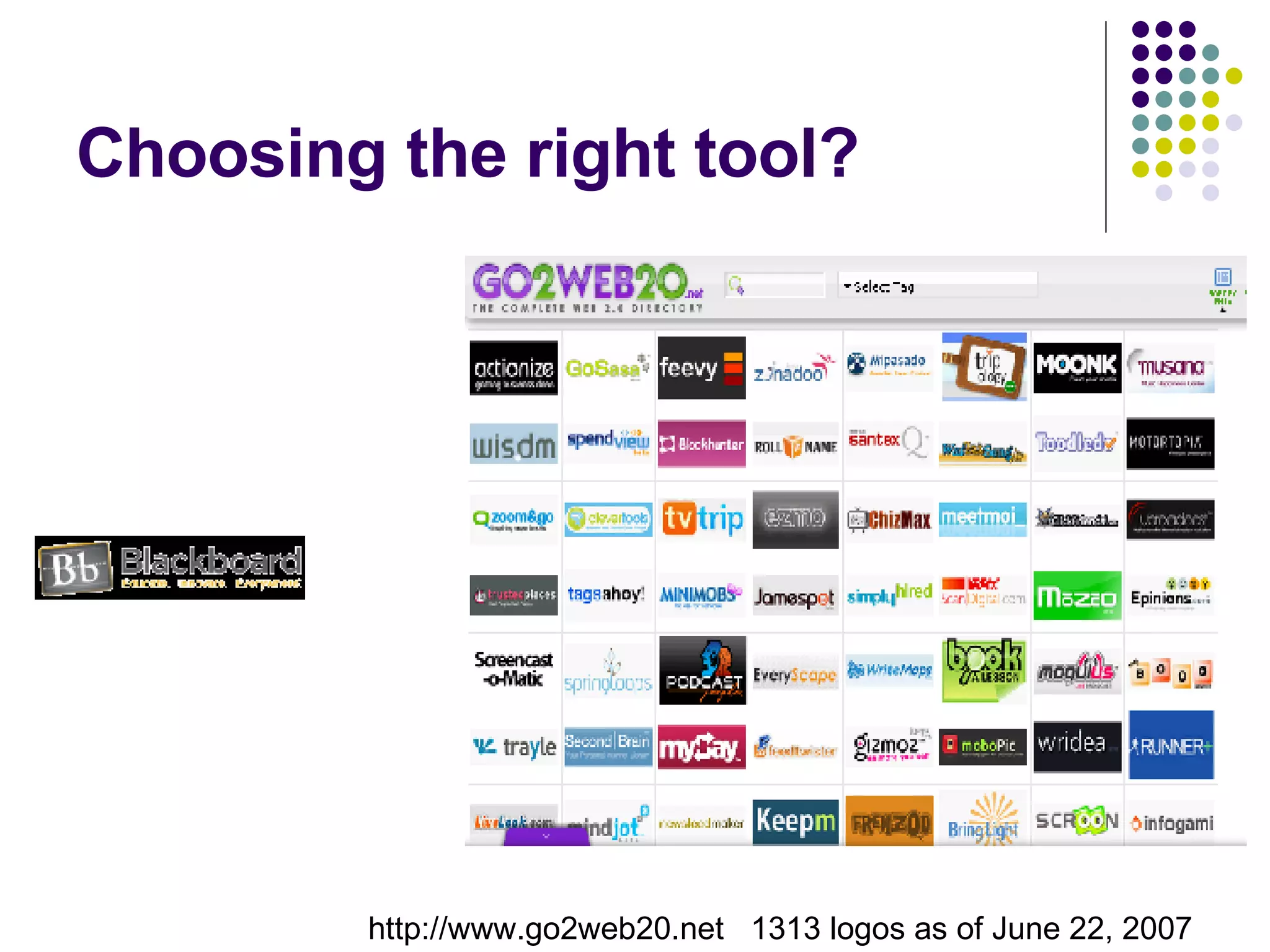 Choosing the right tool? http://www.go2web20.net  1313 logos as of June 22, 2007  
