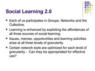 Social Learning 2.0 Each of us participates in Groups, Networks and the Collective. Learning is enhanced by exploiting the affordances of all three sources of social learning. Issues, memes, opportunities and learning activities arise at all three levels of granularity. Certain network tools are optimized for each level of granularity -  Can they be appropriated for effective use? 
