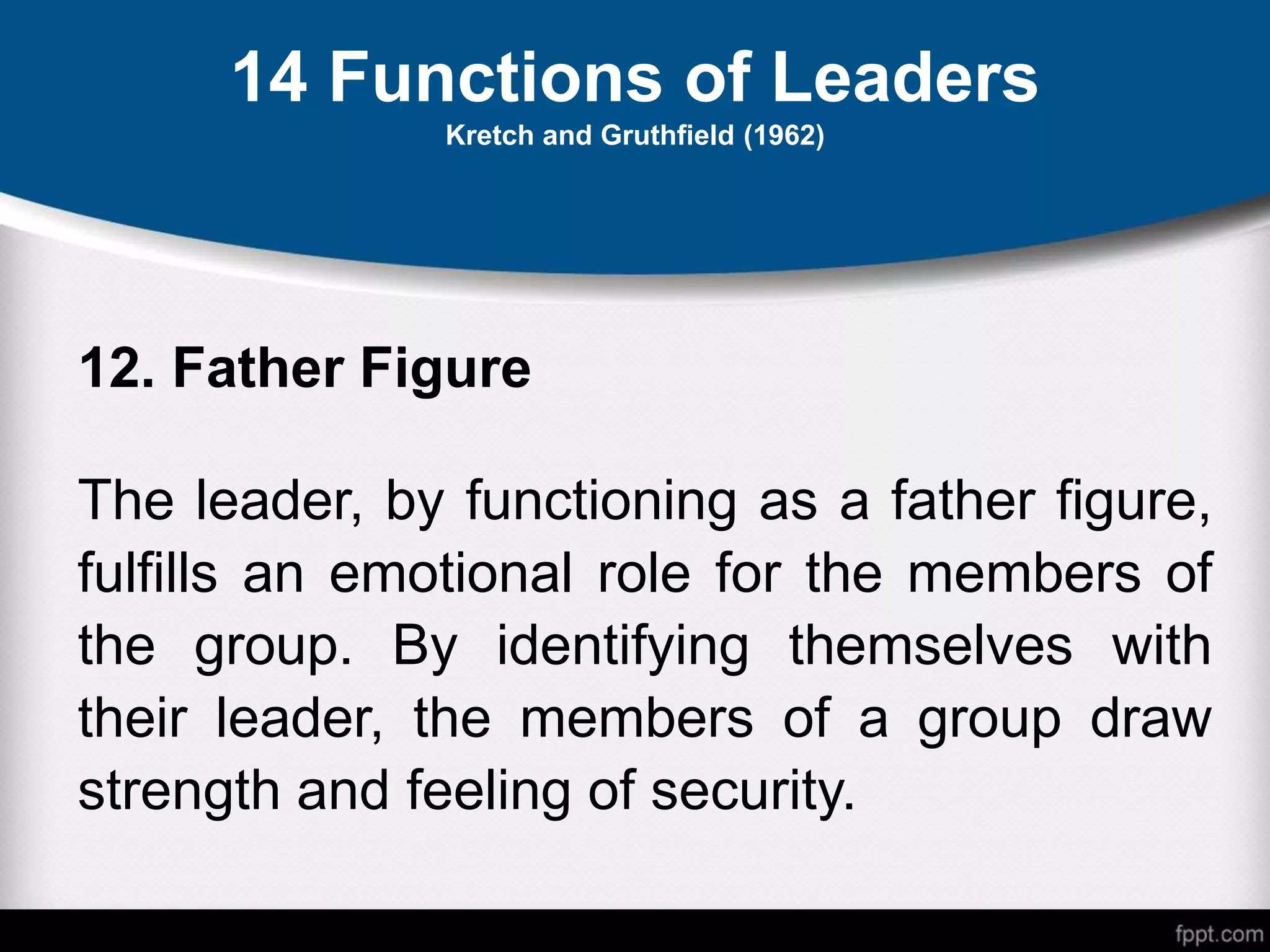 14 Functions of Leaders
Kretch and Gruthfield (1962)
12. Father Figure
The leader, by functioning as a father figure,
fulfills an emotional role for the members of
the group. By identifying themselves with
their leader, the members of a group draw
strength and feeling of security.
 