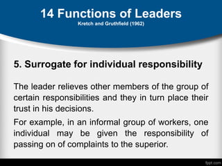 14 Functions of Leaders
Kretch and Gruthfield (1962)
5. Surrogate for individual responsibility
The leader relieves other members of the group of
certain responsibilities and they in turn place their
trust in his decisions.
For example, in an informal group of workers, one
individual may be given the responsibility of
passing on of complaints to the superior.
 