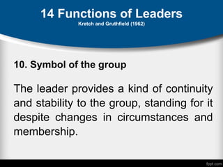 14 Functions of Leaders
Kretch and Gruthfield (1962)
10. Symbol of the group
The leader provides a kind of continuity
and stability to the group, standing for it
despite changes in circumstances and
membership.
 