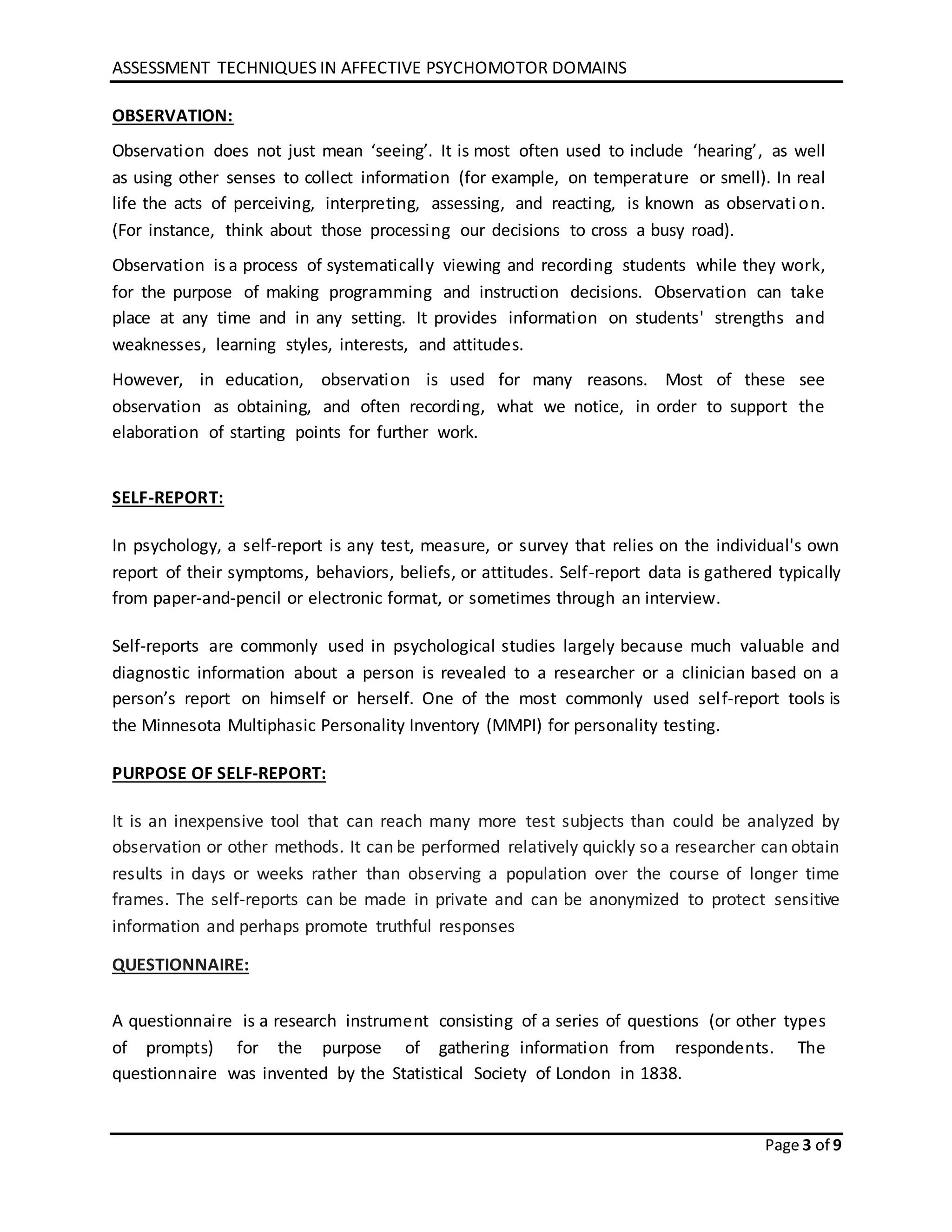 Assessment Techniques in Affective and Psychomotor Domain | DOCX