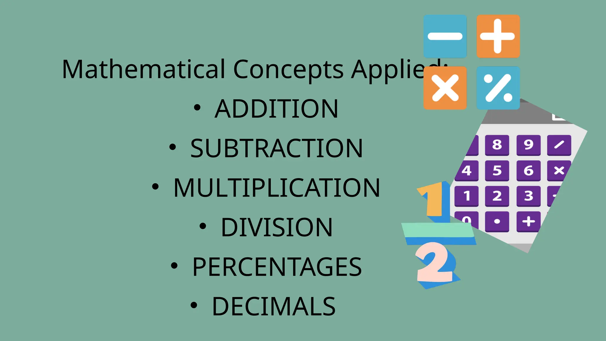 Mathematical Concepts Applied:
• ADDITION
• SUBTRACTION
• MULTIPLICATION
• DIVISION
• PERCENTAGES
• DECIMALS
 