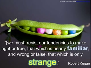 “[we must] resist our tendencies to make
right or true, that which is nearly familiar,
and wrong or false, that which is only
strange.”
CC Image from Koshy Koshy https://flic.kr/p/7B213y
Robert Kegan
 