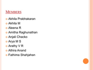 MEMBERS
 Akhila Prabhakaran
 Akhila M
 Aleena R
 Amitha Raghunathan
 Anjali Chacko
 Arya M S
 Arathy V R
 Athira Anand
 Fathima Shahjahan
 