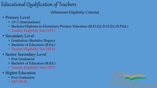 Educational Qualification of Teachers
• Primary Level
• 10+2 (Intermediate)
• Bachelor/Diploma in Elementary/Primary Education (B.El.Ed./D.El.Ed./D.P.Ed.)
• Teacher Eligibility Test (TET)
• Secondary Level
• Graduation (Bachelor Degree)
• Bachelor of Education (B.Ed.)
• Teacher Eligibility Test (TET)
• Senior Secondary Level
• Post Graduation
• Bachelor of Education (B.Ed.)
• Teacher Eligibility Test (TET)
• Higher Education
• Post Graduation
• NET/Ph.D.
(Minimum Eligibility Criteria)
 