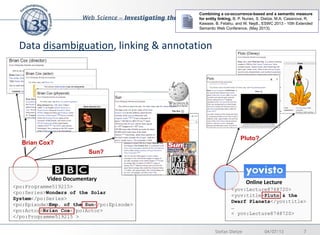 04/07/13 7Stefan Dietze
Combining a co-occurrence-based and a semantic measure
for entity linking, B. P. Nunes, S. Dietze, M.A. Casanova, R.
Kawase, B. Fetahu, and W. Nejdl., ESWC 2013 - 10th Extended
Semantic Web Conference, (May 2013).
Data disambiguation, linking & annotation
<yov:Lecture8748720>
<yov:title>Pluto & the
Dwarf Planets</yov:title>
…
< yov:Lecture8748720>
Online Lecture
<po:Programme519215>
<po:Series>Wonders of the Solar
System</po:Series>
<po:Episode>Emp. of the Sun</po:Episode>
<po:Actor>Brian Cox</po:Actor>
</po:Programme519215 >
Brian Cox?
Sun?
Pluto?
Video Documentary
 