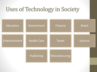Uses of Technology in Society
Education Government Finance Retail
Entertainment Health Care Travel Science
Publishing Manufacturing
 