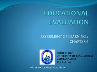 ASSESSMENT OF LEARNING 2 
CHAPTER 6 
EDDIE T. ABUG 
UNIVERSITY OF RIZAL SYSTEM 
CAINTA CAMPUS 
BSE-TLE 4A 
DR. REBECCA AMAGSILA Ph. D. 
 