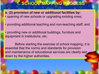1. SCHOOL MAPPING PROCESS

a. (2) provision of new or additional facilities by:
• opening of new schools or upgrading existing ones;

• providing additional teaching and non-teaching staff; and

• providing new or additional buildings, furniture and
equipment in institutions, etc.

      Before starting the exercise of school mapping, it is
essential that the norms and standards for provision
and maintenance of educational services are clearly laid
down by the higher authorities.
 