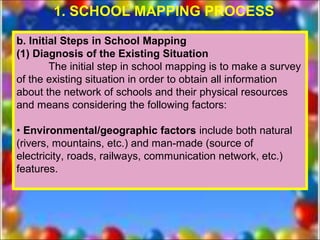 1. SCHOOL MAPPING PROCESS

b. Initial Steps in School Mapping
(1) Diagnosis of the Existing Situation
        The initial step in school mapping is to make a survey
of the existing situation in order to obtain all information
about the network of schools and their physical resources
and means considering the following factors:

• Environmental/geographic factors include both natural
(rivers, mountains, etc.) and man-made (source of
electricity, roads, railways, communication network, etc.)
features.
 