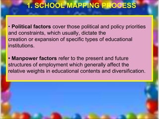 1. SCHOOL MAPPING PROCESS

• Political factors cover those political and policy priorities
and constraints, which usually, dictate the
creation or expansion of specific types of educational
institutions.

• Manpower factors refer to the present and future
structures of employment which generally affect the
relative weights in educational contents and diversification.
 