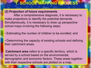 1. SCHOOL MAPPING PROCESS

(2) Projection of future requirements
       After a comprehensive diagnosis, it is necessary to
make projections to identify the potential demands.
Simultaneously, it is necessary to draw up perspective
school maps involving the following steps:

• Estimating the number of children to be enrolled; and

• Determining the capacity of existing schools and defining
their catchment areas.

 Catchment area refers to a specific territory, which is
served by a school based on the environmental,
demographic and economic factors. These areas together
with their respective schools are plotted on a map.
 