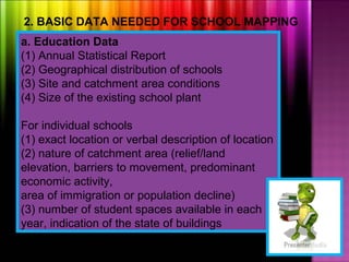 2. BASIC DATA NEEDED FOR SCHOOL MAPPING
a. Education Data
(1) Annual Statistical Report
(2) Geographical distribution of schools
(3) Site and catchment area conditions
(4) Size of the existing school plant

For individual schools
(1) exact location or verbal description of location
(2) nature of catchment area (relief/land
elevation, barriers to movement, predominant
economic activity,
area of immigration or population decline)
(3) number of student spaces available in each
year, indication of the state of buildings
 