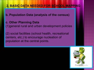 2. BASIC DATA NEEDED FOR SCHOOL MAPPING

b. Population Data (analysis of the census)

c. Other Planning Data
(1)general rural and urban development policies

(2) social facilities (school health, recreational
centers, etc.) to encourage nucleation of
population at the central points.
 