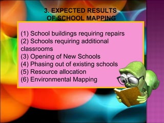 3. EXPECTED RESULTS
         OF SCHOOL MAPPING

(1) School buildings requiring repairs
(2) Schools requiring additional
classrooms
(3) Opening of New Schools
(4) Phasing out of existing schools
(5) Resource allocation
(6) Environmental Mapping
 