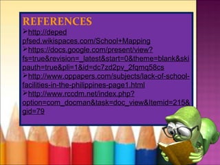 REFERENCES
http://deped
pfsed.wikispaces.com/School+Mapping
https://docs.google.com/present/view?
fs=true&revision=_latest&start=0&theme=blank&ski
pauth=true&pli=1&id=dc7zd2pv_2fqmq58cs
http://www.oppapers.com/subjects/lack-of-school-
facilities-in-the-philippines-page1.html
http://www.rccdm.net/index.php?
option=com_docman&task=doc_view&Itemid=215&
gid=79
 