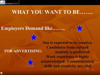 WHAT YOU WANT TO BE…….

Employers Demand like……..

                  One is expected to be creative.
                    Candidates from reputed
 FOR ADVERTISING:         institute is preferred.
                   Work experience is highly
                acknowledged. Communication
                  skills and creativity are vital
                                               17
 