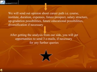 We will send out opinion about career path i.e. course,
institute, duration, expenses, future prospect, salary structure,
up-gradation possibilities, future educational possibilities,
diversification if necessary


 After getting the analysis from our side, you will get
     opportunities to send 3 e-mails, if necessary
                 for any further queries




                                                                    7
 