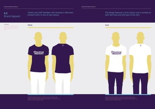 Educational Insight Brand Manual Educational Insight Brand Manual
Clients and staff members will recieved a silkscreen
printed t-shirt in one of two colours
6.2
Brand Apparel
SCREENPRINT
Screen printing is a printing technique
whereby a mesh is used to transfer ink
onto a substrate, except in areas made
impermeable to the ink by a blocking
stencil.
White
To protect the integrity of the brand it is important that any future designers and
collaborating institutions adhere to all aspects of this document. It aims to provide
guidance as to how the Educational Insight logo and wordmarks need to appear in various
mediums as well as on collateral materials.
The design features 2 print colours and is printed on
both the front and the back of the shirt
Dark
To protect the integrity of the brand it is important that any future designers and
collaborating institutions adhere to all aspects of this document. It aims to provide
guidance as to how the Educational Insight logo and wordmarks need to appear in various
mediums as well as on collateral materials.
 