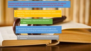 Consistent with the national educational policies, plans and standards, the regional
director shall have authority, accountability and responsibility for the following:
 Defining a regional educational policy framework which
reflects the values, needs and expectations of the communities
they serve
 Developing a regional basic education
plan
 Developing regional educational standards with a view
towards benchmarking for international competitiveness
 Monitoring, evaluating and assessing regional learning
outcomes
 