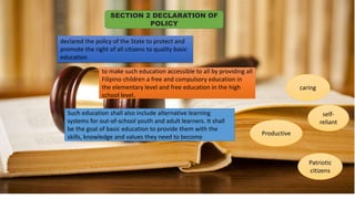 DEC 2023
SECTION 2 DECLARATION OF
POLICY
declared the policy of the State to protect and
promote the right of all citizens to quality basic
education
to make such education accessible to all by providing all
Filipino children a free and compulsory education in
the elementary level and free education in the high
school level.
Such education shall also include alternative learning
systems for out-of-school youth and adult learners. It shall
be the goal of basic education to provide them with the
skills, knowledge and values they need to become
caring
self-
reliant
Productive
Patriotic
citizens
 