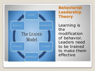Behaviorist
Leadership
Theory
Learning is
the
modification
of behavior.
Leaders need
to be trained
to make them
effective
 