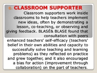 6. CLASSROOM SUPPORTER
Classroom supporters work inside
classrooms to help teachers implement
new ideas, often by demonstrating a
lesson, co-teaching, or observing and
giving feedback. BLASÉ& BLASE found that
consultation with peers
enhanced teachers' self-efficacy (teachers'
belief in their own abilities and capacity to
successfully solve teaching and learning
problems) as they reflected on practice
and grew together, and it also encouraged
a bias for action (improvement through
collaboration) on the part of teachers.
 