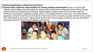  School leadership is intentional and direct
 School-wide collective responsibility for raising student achievement-There is a school-wide
collective responsibility and accountability for raising student achievement at Mangere Central School through
targeting learning and teaching the individual. Target students change through the year as they reach the
standards. Each teacher’s appraisal includes a focus on five target students in each area. The middle leaders’
appraisals are linked to their team’s 25 students in each area and the principal’s appraisal is linked to the success
of all 100 students in each area. Aligning target students with charter targets and teacher inquiries with teacher
appraisals has led to transformed pedagogies and practices.
5/8/2017Anajli Sharma et.al.Department of Education Tezpur University19
 