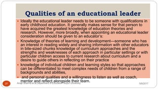 Qualities of an educational leader
 Ideally the educational leader needs to be someone with qualifications in
early childhood education. It generally makes sense for that person to
have acquired the greatest knowledge of education theories and
research. However, more broadly, when appointing an educational leader
consideration should be given to an educator’s:
 Knowledge of theories of learning and development—someone who has
an interest in reading widely and sharing information with other educators
in bite-sized chunks knowledge of curriculum approaches and the
strengths and weaknesses of each approach in particular settings or with
particular children access to current research about curriculum and a
desire to guide others in reflecting on their practice
 knowledge of individual children and learning styles so that approaches
can be differentiated to meet complex needs of children from a range of
backgrounds and abilities,
 and personal qualities and a willingness to listen as well as coach,
mentor and reflect alongside their team.
5/8/2017Anajli Sharma et.al.Department of Education Tezpur University27
 