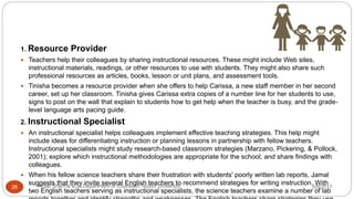 1. Resource Provider
 Teachers help their colleagues by sharing instructional resources. These might include Web sites,
instructional materials, readings, or other resources to use with students. They might also share such
professional resources as articles, books, lesson or unit plans, and assessment tools.
 Tinisha becomes a resource provider when she offers to help Carissa, a new staff member in her second
career, set up her classroom. Tinisha gives Carissa extra copies of a number line for her students to use,
signs to post on the wall that explain to students how to get help when the teacher is busy, and the grade-
level language arts pacing guide.
2. Instructional Specialist
 An instructional specialist helps colleagues implement effective teaching strategies. This help might
include ideas for differentiating instruction or planning lessons in partnership with fellow teachers.
Instructional specialists might study research-based classroom strategies (Marzano, Pickering, & Pollock,
2001); explore which instructional methodologies are appropriate for the school; and share findings with
colleagues.
 When his fellow science teachers share their frustration with students' poorly written lab reports, Jamal
suggests that they invite several English teachers to recommend strategies for writing instruction. With
two English teachers serving as instructional specialists, the science teachers examine a number of lab
5/8/2017Anajli Sharma et.al.Department of Education Tezpur University28
 
