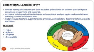 EDUCATIONAL LEADERSHIP???
• involves working with teachers and other education professionals on systemic plans to improve
educational programming and outcomes.
• process of enlisting and guiding the talents and energies of teachers, pupils, and parents toward
achieving common educational aims.
• leaders include: teachers, superintendents, principals, administrators, department chairs, provosts
and deans.
FEATURES
 Vision
 Influence
 Discipline
 Accountability
8/16/2017Tezpur University Anjali Sharma16
 