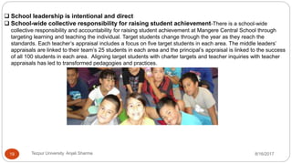  School leadership is intentional and direct
 School-wide collective responsibility for raising student achievement-There is a school-wide
collective responsibility and accountability for raising student achievement at Mangere Central School through
targeting learning and teaching the individual. Target students change through the year as they reach the
standards. Each teacher’s appraisal includes a focus on five target students in each area. The middle leaders’
appraisals are linked to their team’s 25 students in each area and the principal’s appraisal is linked to the success
of all 100 students in each area. Aligning target students with charter targets and teacher inquiries with teacher
appraisals has led to transformed pedagogies and practices.
8/16/2017Tezpur University Anjali Sharma19
 