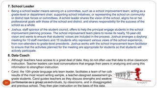 7. School Leader
 Being a school leader means serving on a committee, such as a school improvement team; acting as a
grade-level or department chair; supporting school initiatives; or representing the school on community
or district task forces or committees. A school leader shares the vision of the school, aligns his or her
professional goals with those of the school and district, and shares responsibility for the success of the
school as a whole.
 Joshua, staff sponsor of the student council, offers to help the principal engage students in the school
improvement planning process. The school improvement team plans to revise its nearly 10-year-old
vision and wants to ensure that students' voices are included in the process. Joshua arranges a daylong
meeting for 10 staff members and 10 students who represent various views of the school experience,
from non-attenders to grade-level presidents. Joshua works with the school improvement team facilitator
to ensure that the activities planned for the meeting are appropriate for students so that students will
actively participate.
8. Data Coach
 Although teachers have access to a great deal of data, they do not often use that data to drive classroom
instruction. Teacher leaders can lead conversations that engage their peers in analyzing and using this
information to strengthen instruction.
 Carol, the 10th grade language arts team leader, facilitates a team of her colleagues as they look at the
results of the most recent writing sample, a teacher-designed assessment given to all incoming 10th
grade students. Carol guides teachers as they discuss strengths and weaknesses of students' writing
performance as a group, as individuals, by classrooms, and in disaggregated clusters by race, gender,
and previous school. They then plan instruction on the basis of this data.
8/16/2017Tezpur University Anjali Sharma31
 