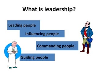 What is leadership?
Leading people
Influencing people
Commanding people
Guiding people
 