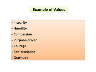 Example of Values
• Integrity
• Humility
• Compassion
• Purpose-driven
• Courage
• Self-discipline
• Gratitude
 