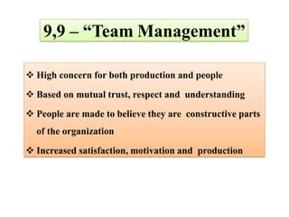 9,9 – “Team Management”
 High concern for both production and people
 Based on mutual trust, respect and understanding
 People are made to believe they are constructive parts
of the organization
 Increased satisfaction, motivation and production
 